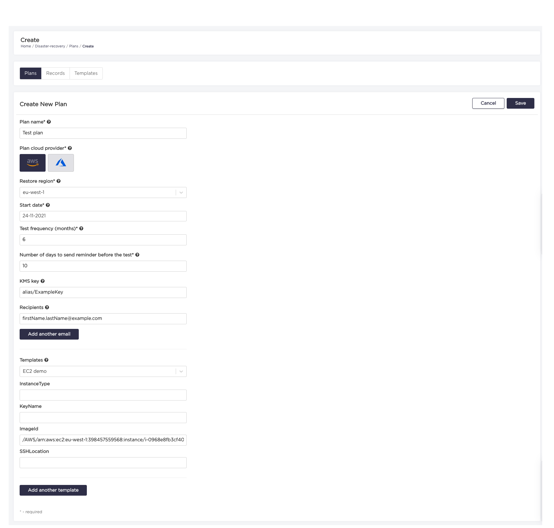 Disaster Recovery Plan Creation View