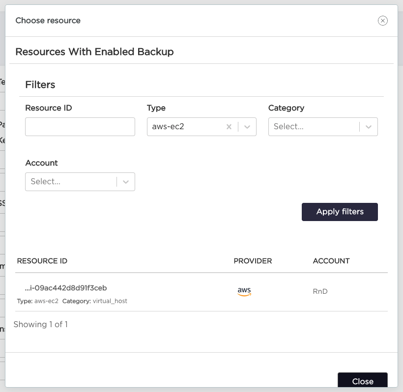 Disaster Recovery Plan Resource Selection View