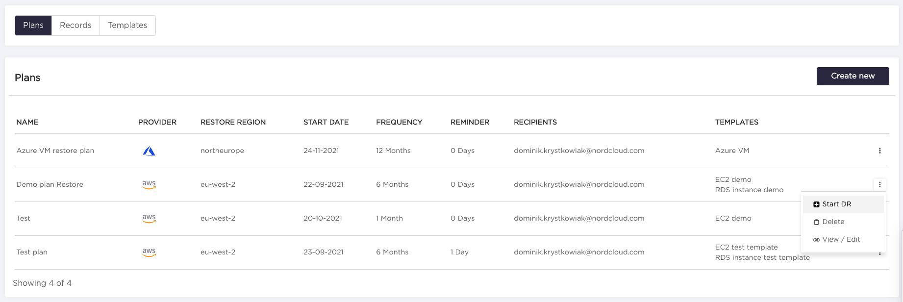 Disaster Recovery Start DR View