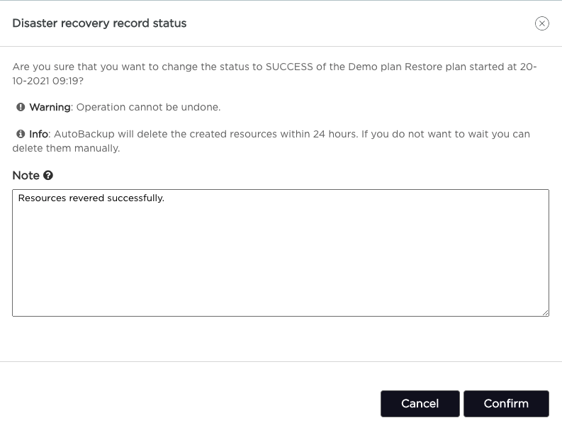 Disaster Recovery Records Confirmation Popup