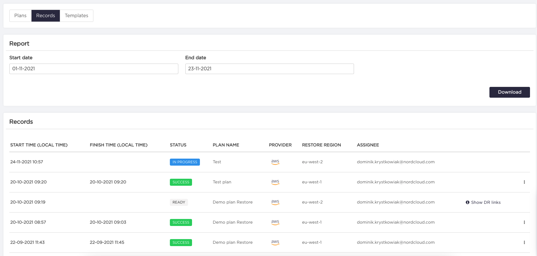 Disaster Recovery Records Audit Log Download