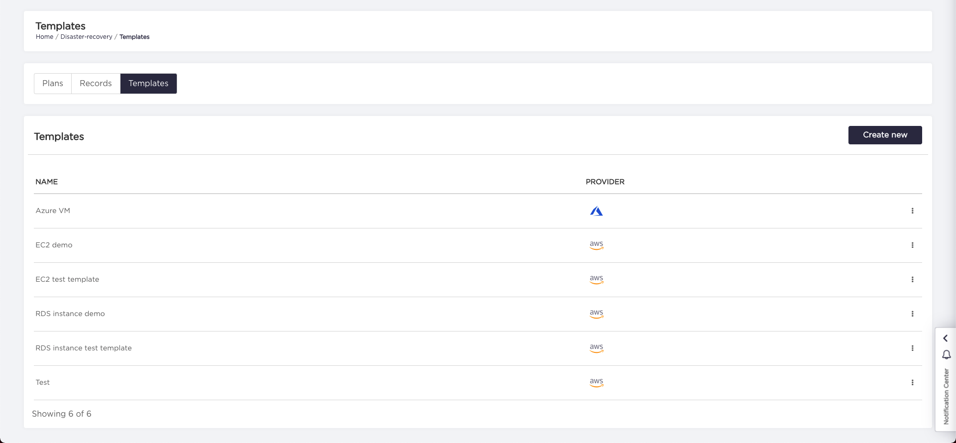 Disaster Recovery Templates View